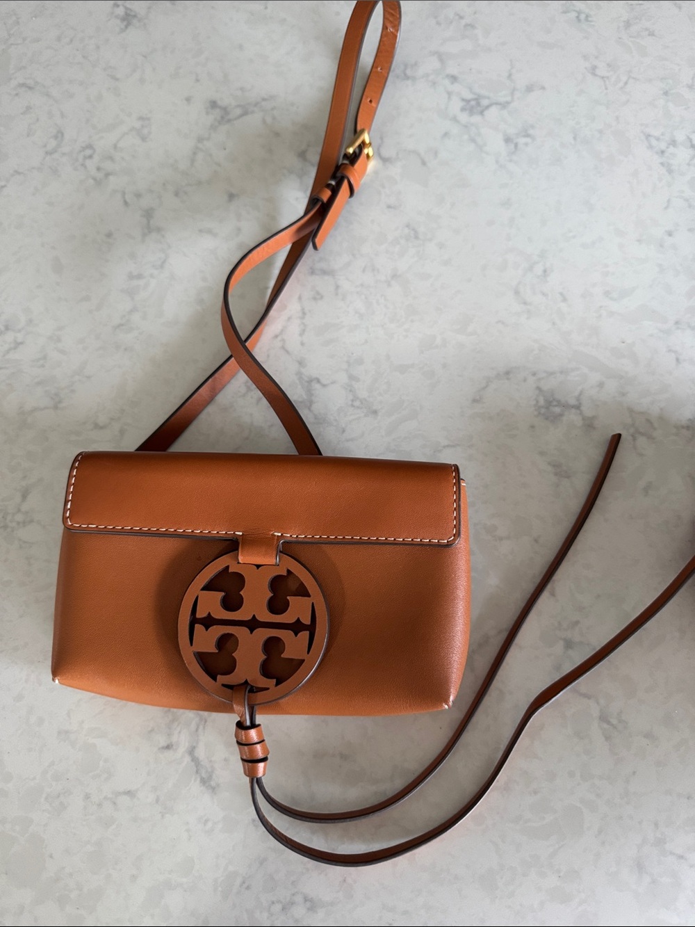 Tory Burch Leather Crossbody Bag in Cognac Brown with Logo Medallion
